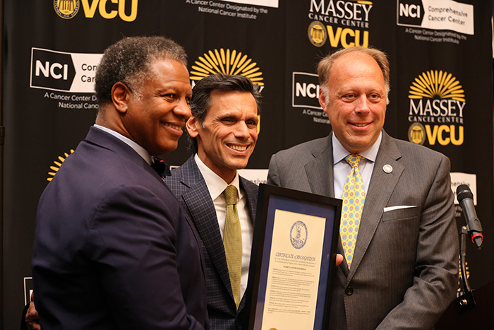 Virginia Health Secretary John Littel presented Rao and Winn a proclamation commemorating VCU Massey Cancer Center Day